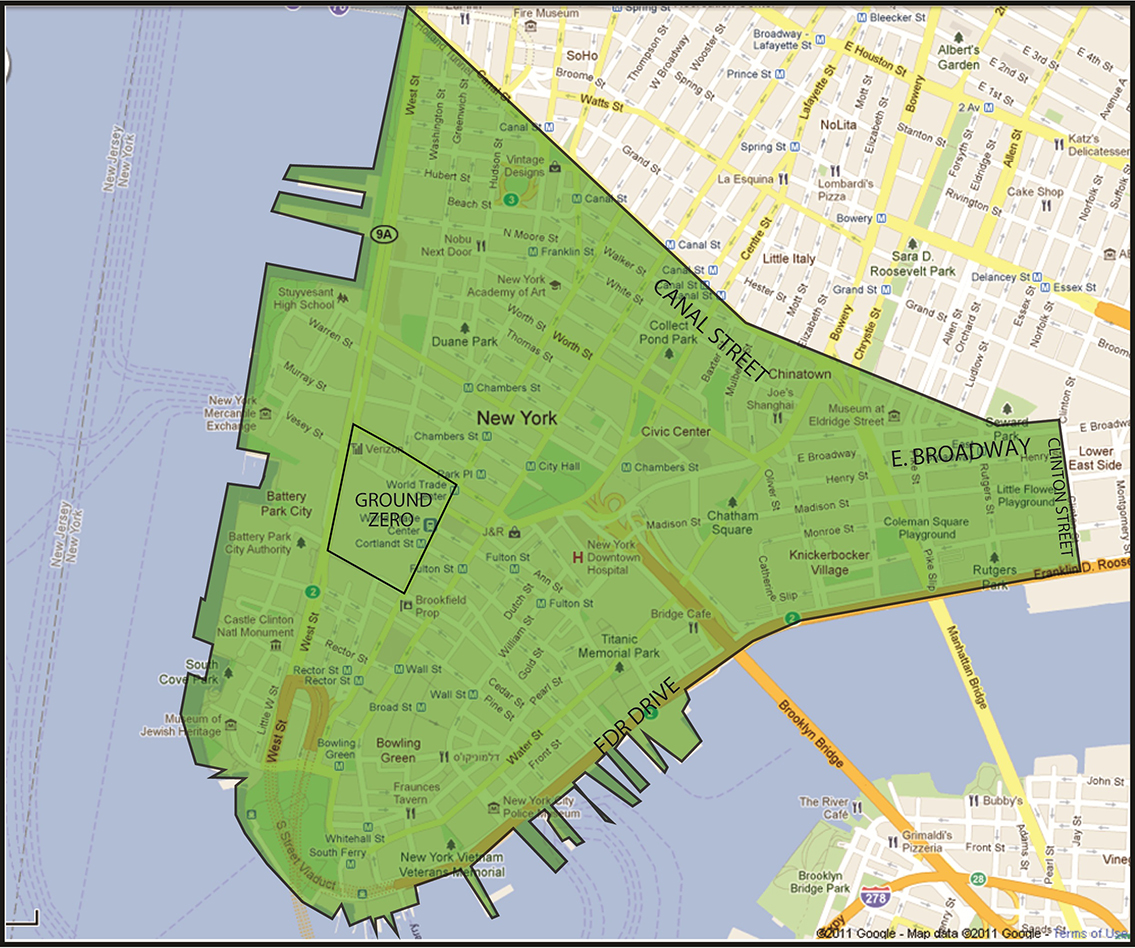 Official VCF map of the NYC 9/11 Exposure Zone: Lower Manhattan south of Canal Street and east to Clinton Street / E. Broadway, including Ground Zero.